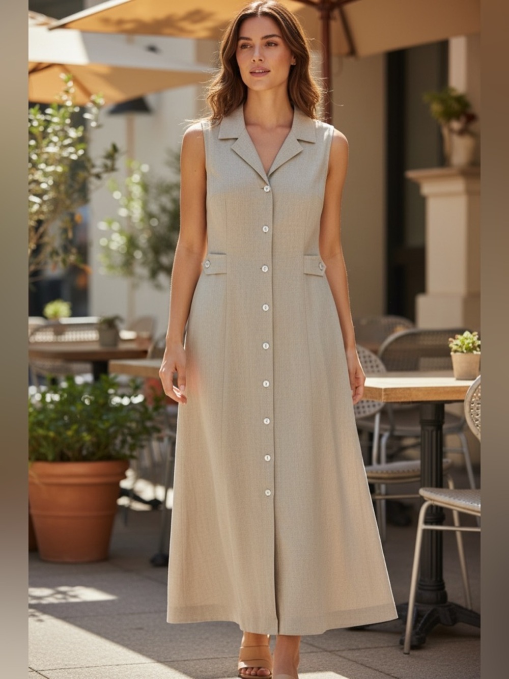 NWT Boutique Flax Linen Button Down Euro Chic Sleeveless Open Back Maxi Dress